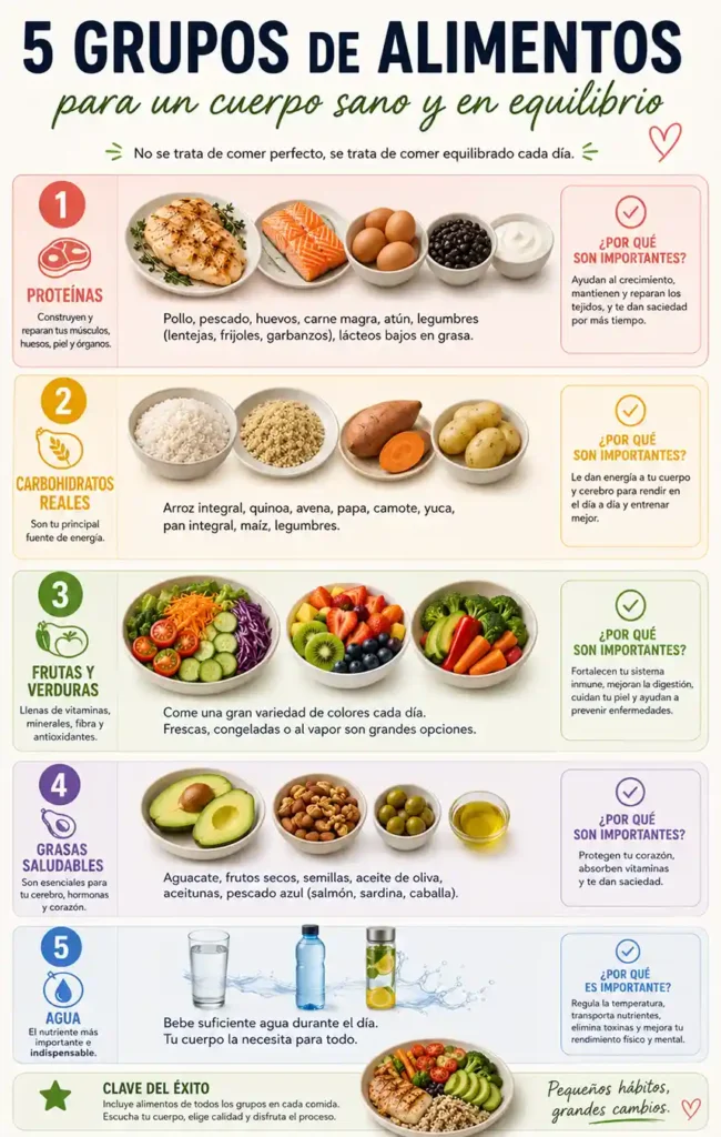Alimentos para comer saludable con proteínas carbohidratos frutas verduras y grasas saludables