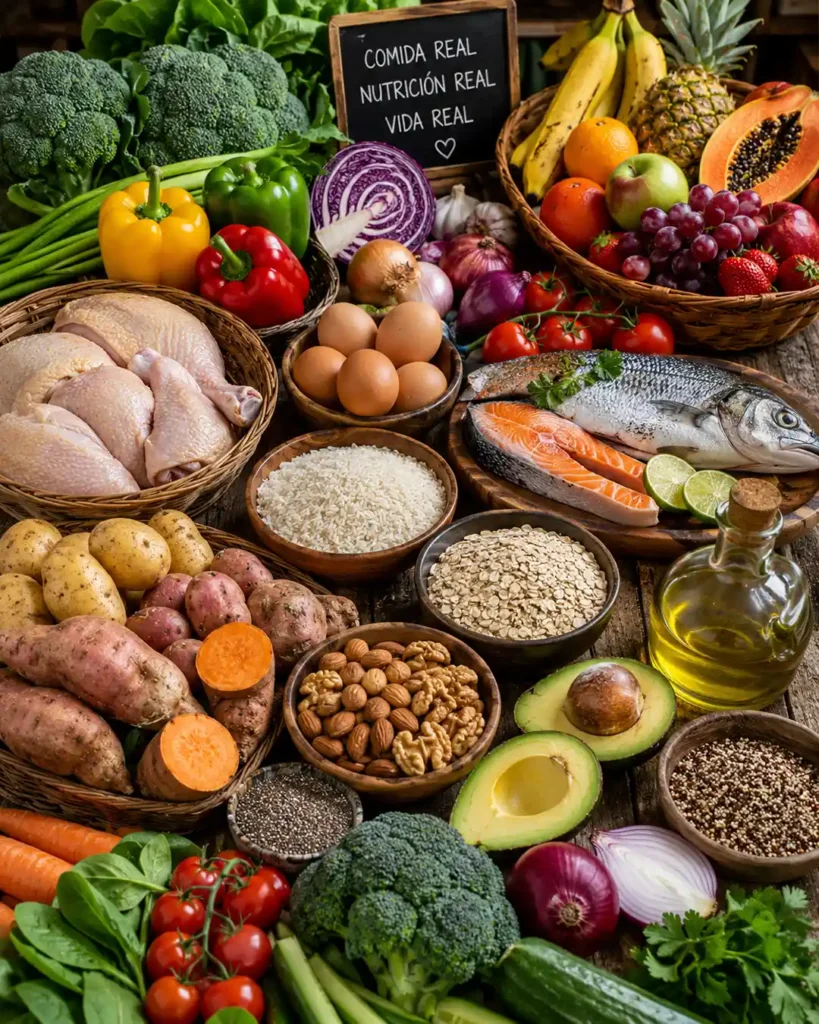 Alimentos para preparar comida saludable con pollo pescado huevos papa camote verduras y palta