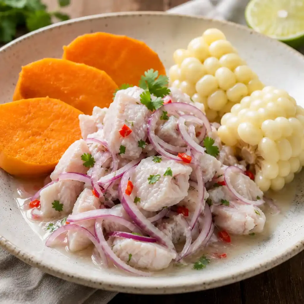 Almuerzo saludable con cebiche camote choclo y pescado fresco