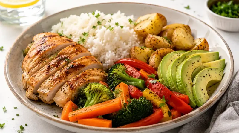 Almuerzos saludables con pollo arroz verduras y comida real