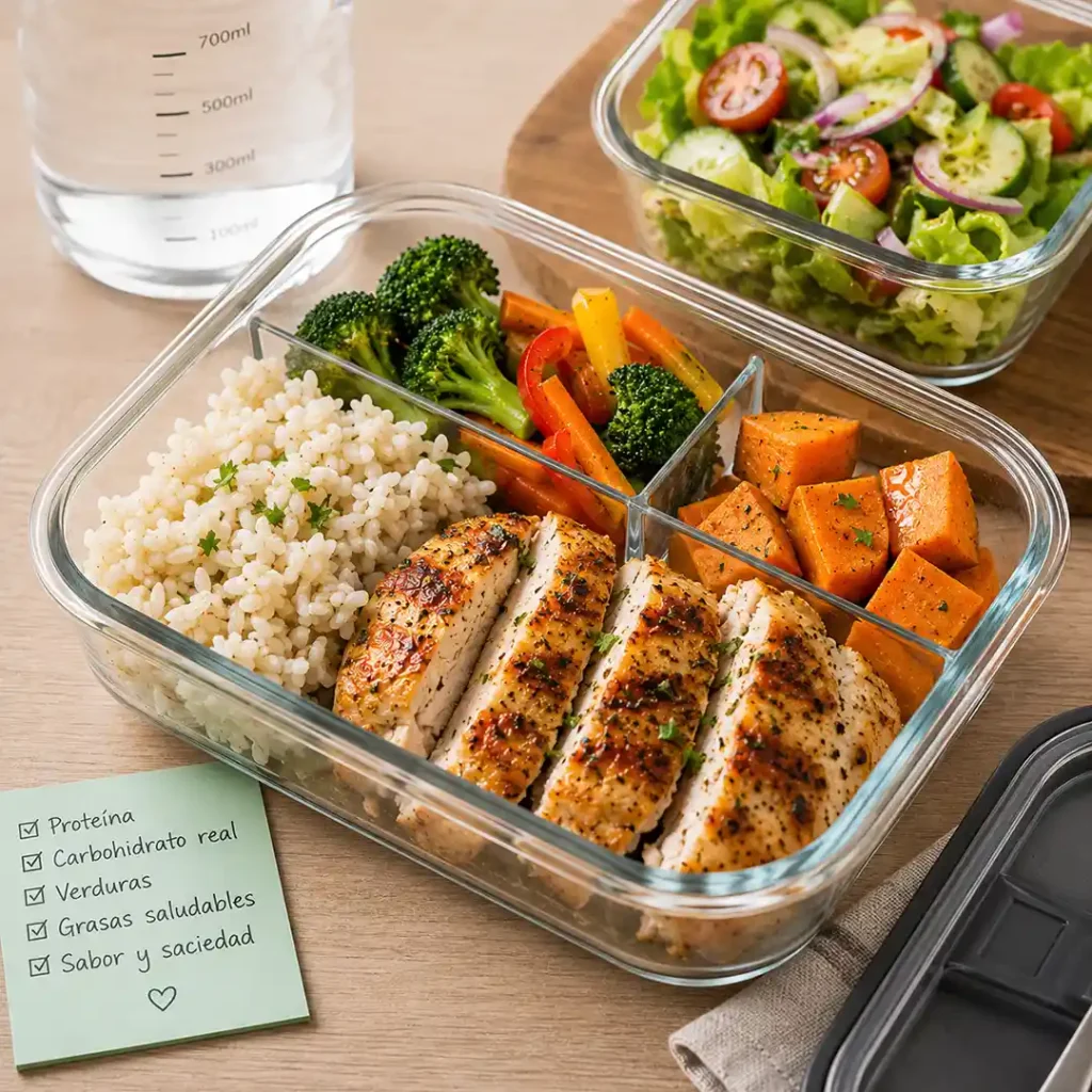 Almuerzos saludables para llevar al trabajo en táper con proteína arroz verduras y comida real