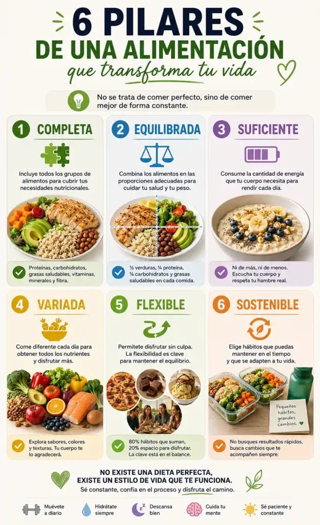 Características de una alimentación saludable completa equilibrada y sostenible