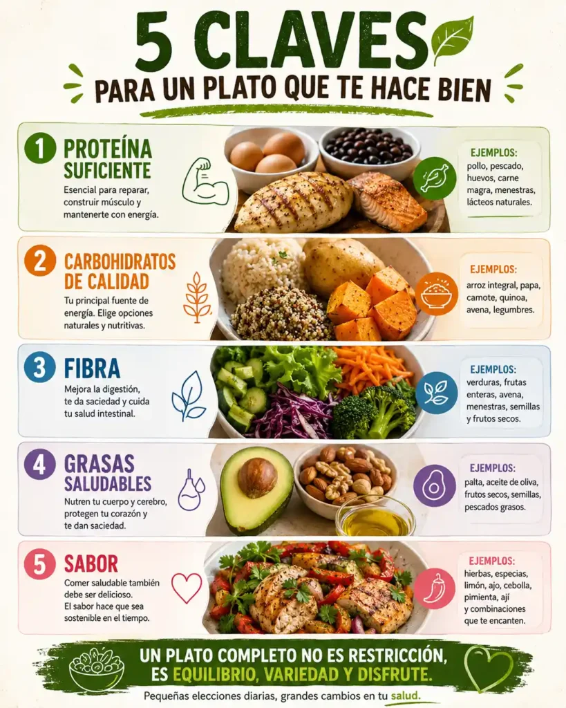 Características de una comida saludable con proteína carbohidratos fibra grasas saludables y sabor