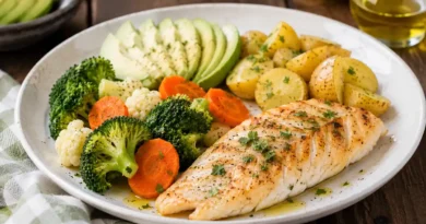 Cenas saludables con proteína verduras cocidas camote y comida real
