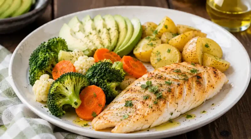 Cenas saludables con proteína verduras cocidas camote y comida real