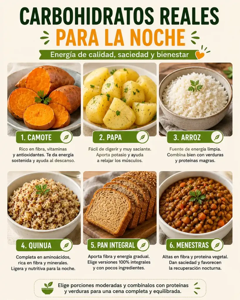 Cenas saludables con camote papa arroz quinua y carbohidratos reales en porciones moderadas
