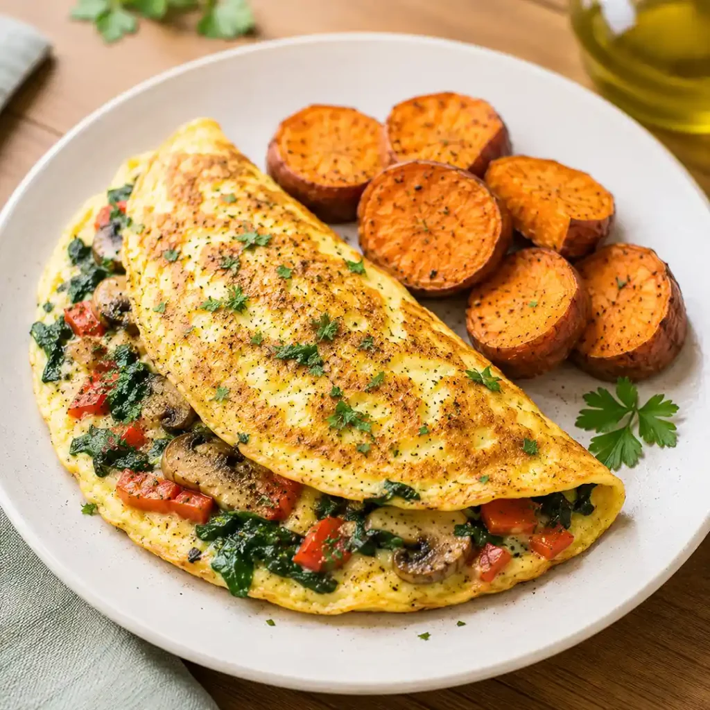 Cenas saludables con huevo espinaca tomate champiñones y camote