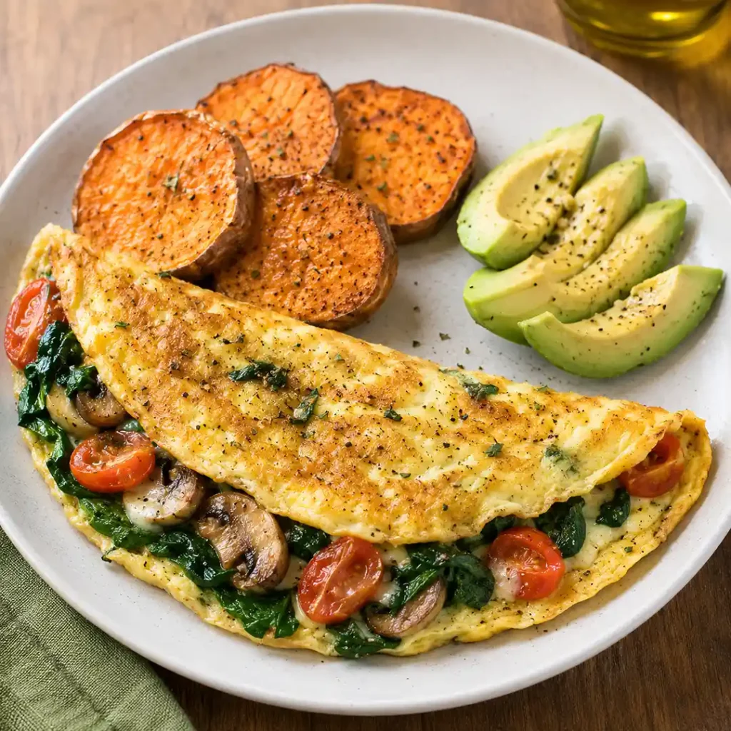 Cenas saludables rápidas con tortilla de huevos verduras camote y palta