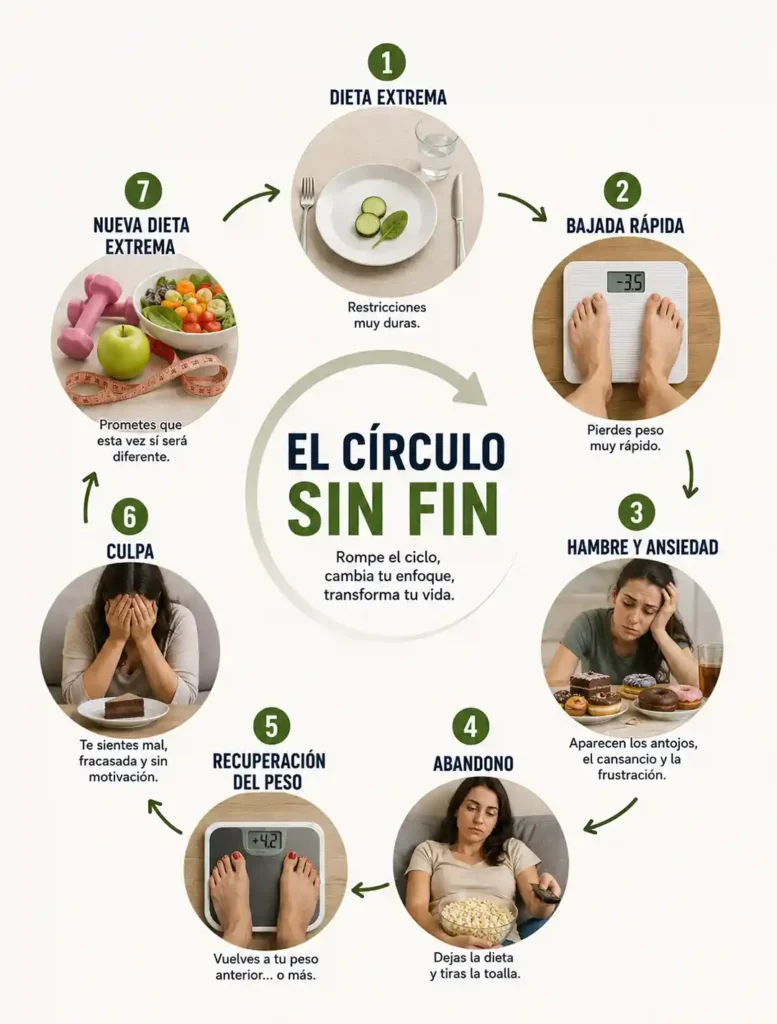 Ciclo del efecto rebote al bajar de peso con dietas extremas