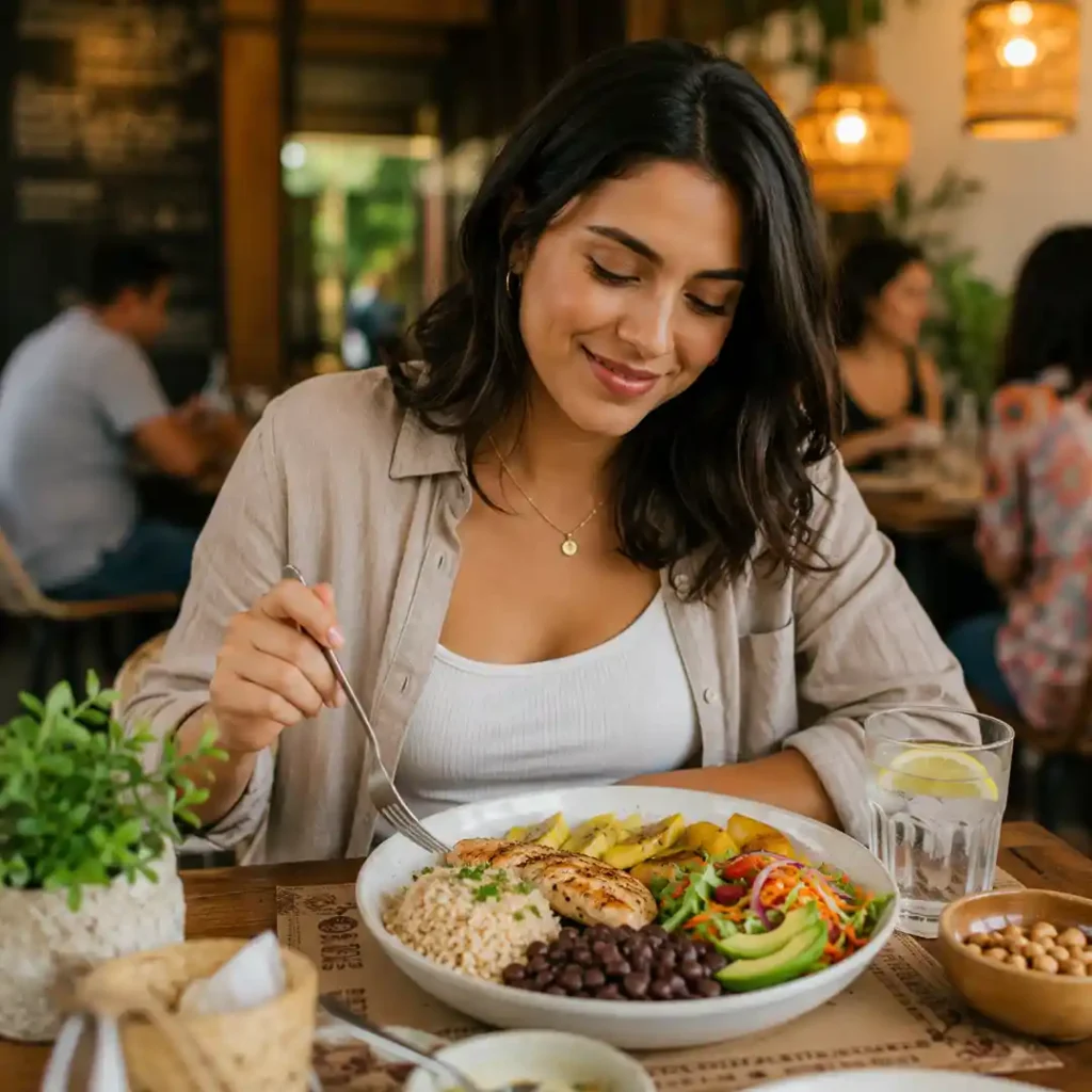 Comer sano fuera de casa sin culpa en restaurante con plato equilibrado y vida social