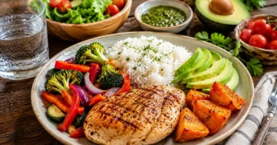 Comida saludable rica con proteína carbohidratos verduras y grasas saludables