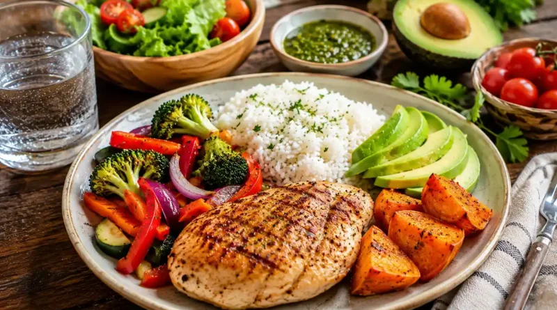 Comida saludable rica con proteína carbohidratos verduras y grasas saludables