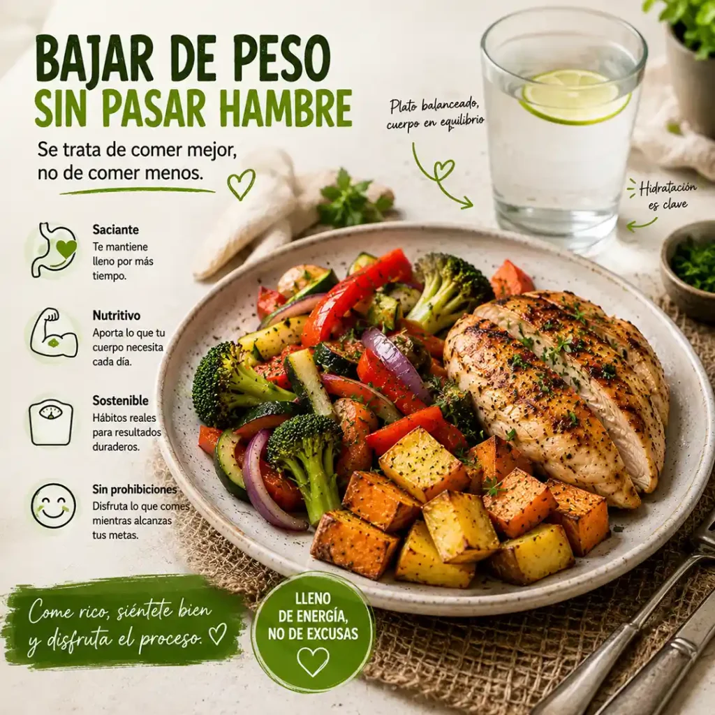 Comida saludable para bajar de peso con proteína verduras y carbohidratos reales
