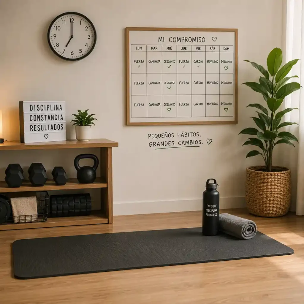 Constancia entrenando en casa con horario fijo mat listo rutina escrita y cero distracciones