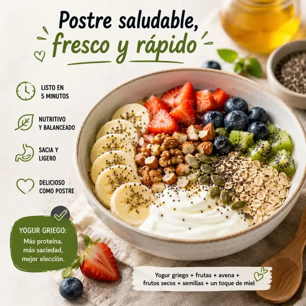 Desayuno saludable con yogur griego fruta avena frutos secos y semillas