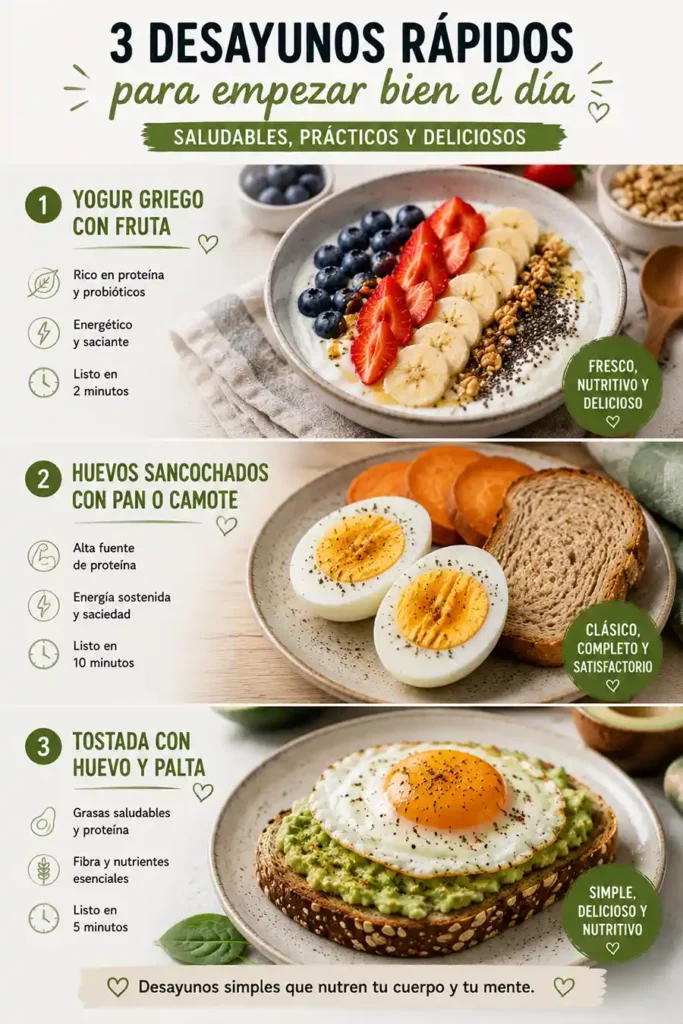 Ideas de desayunos saludables rápidos con yogur huevos tostadas fruta y palta