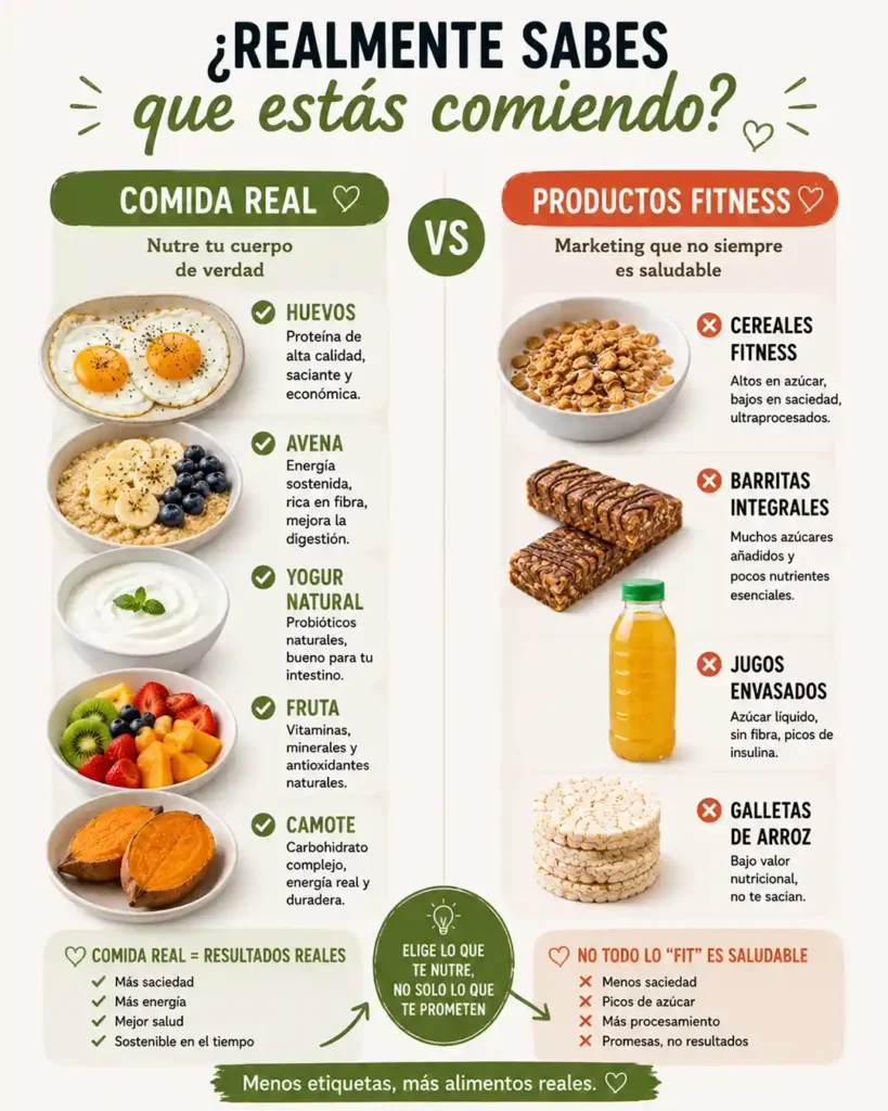 Desayunos saludables con comida real en lugar de cereales fitness barritas y jugos envasados