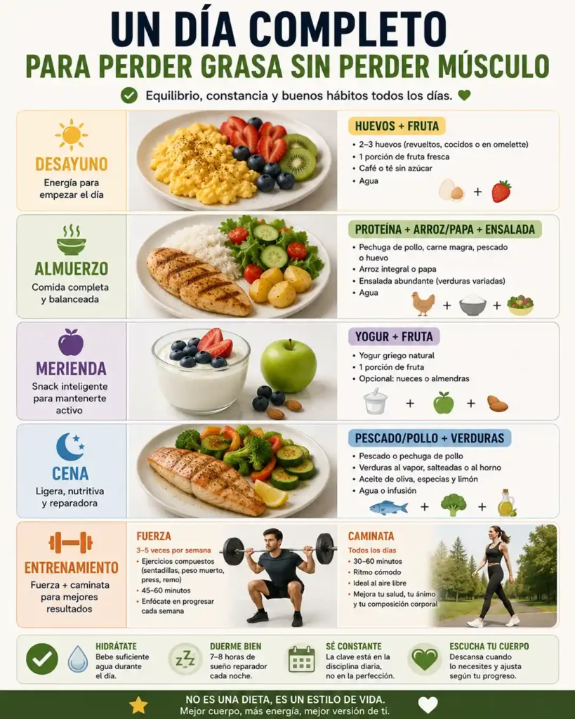 Ejemplo de día para perder grasa sin perder músculo con comida y entrenamiento