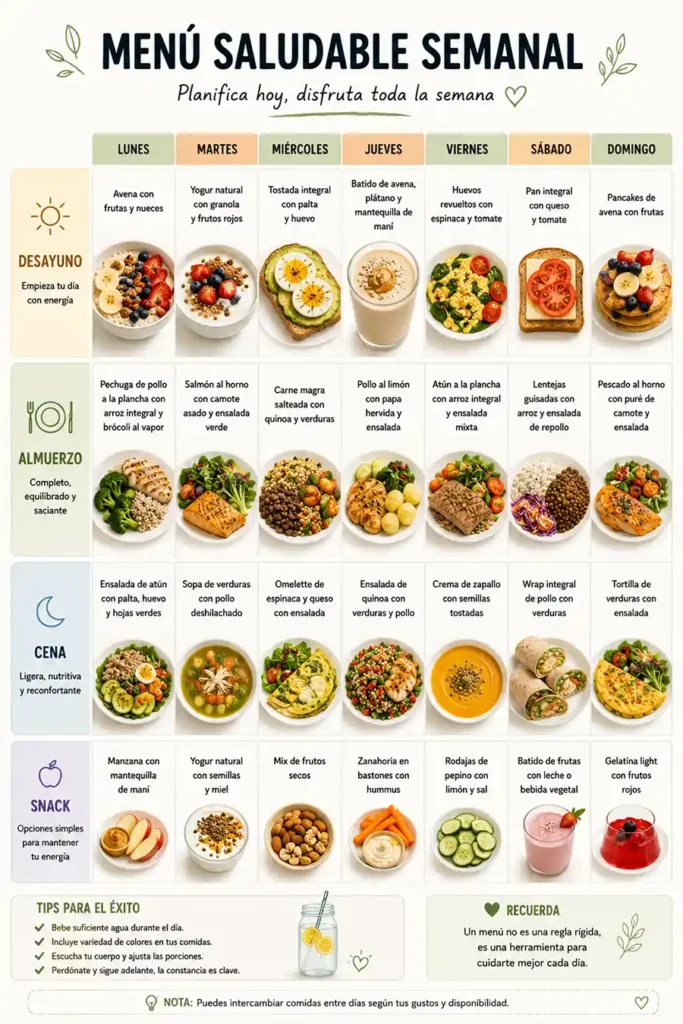 Ejemplo de menú saludable semanal con desayuno almuerzo cena y snacks