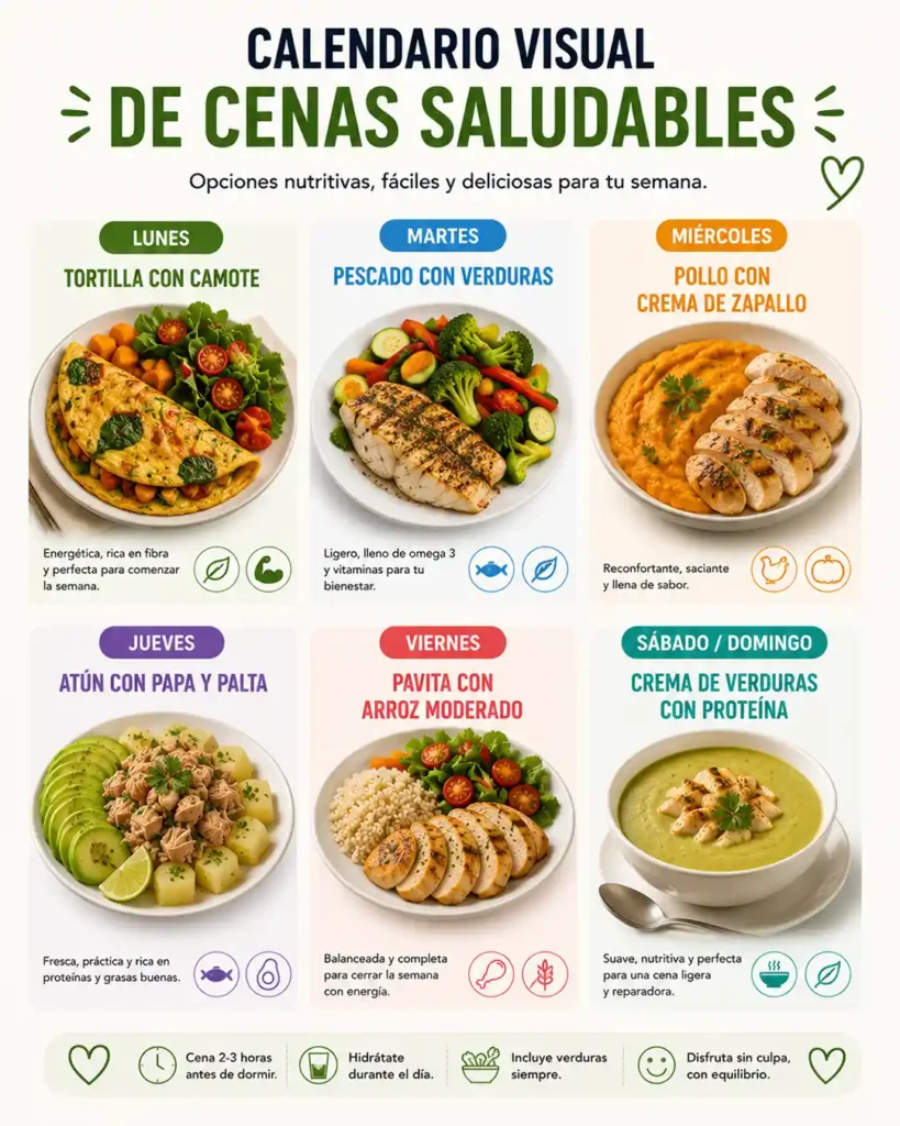 Ejemplos de cenas saludables para toda la semana con huevo pescado pollo atún verduras y camote