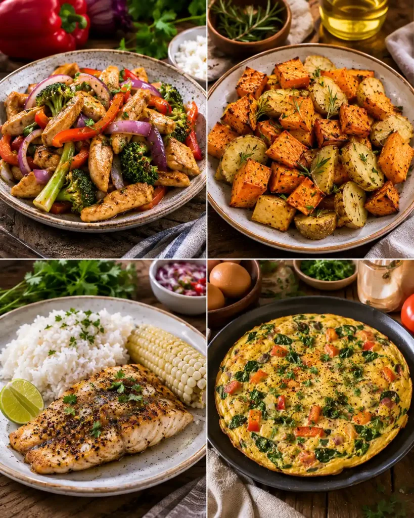 Ejemplos de comida saludable fácil y rica con saltado camote pescado y verduras