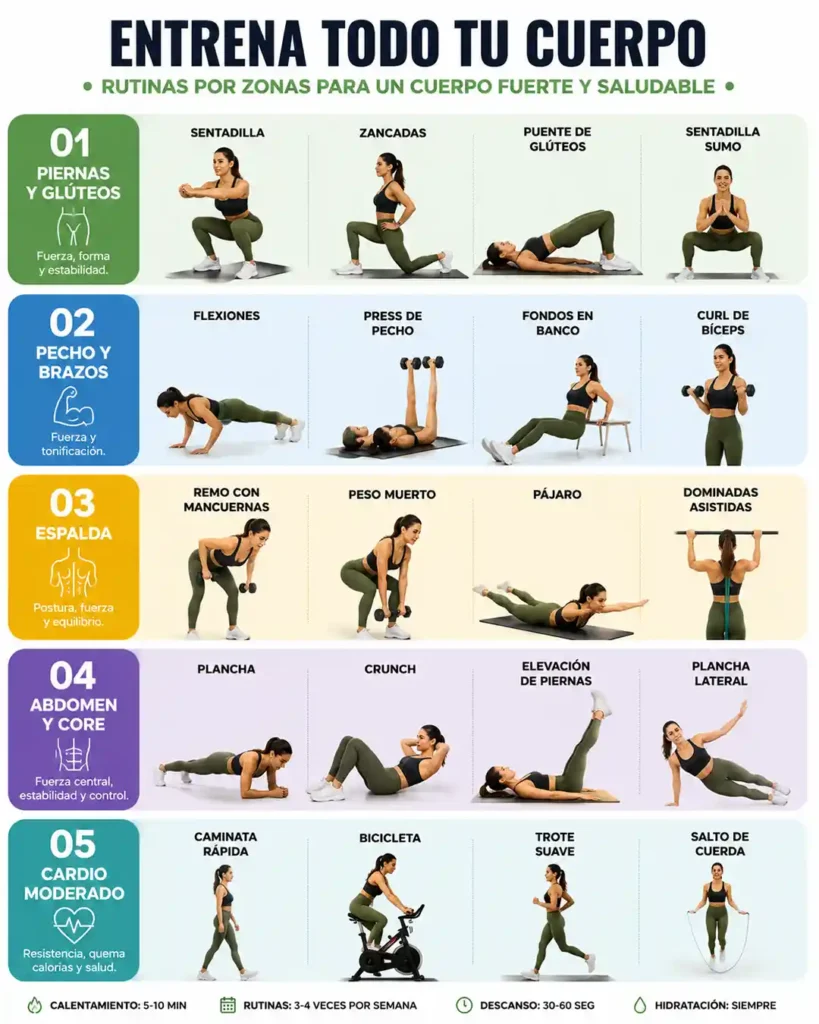 Ejercicios en casa para todo el cuerpo piernas glúteos brazos espalda abdomen core y cardio