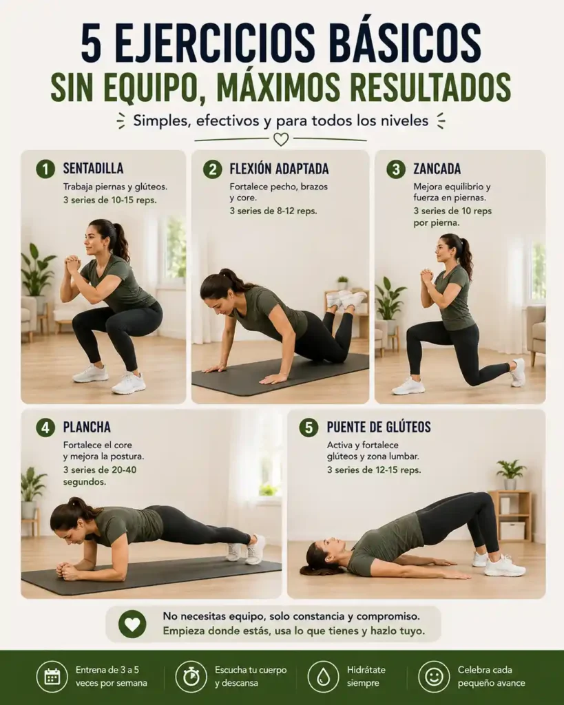 Ejercicios en casa sin equipo para principiantes con sentadillas flexiones zancadas plancha y puente de glúteos