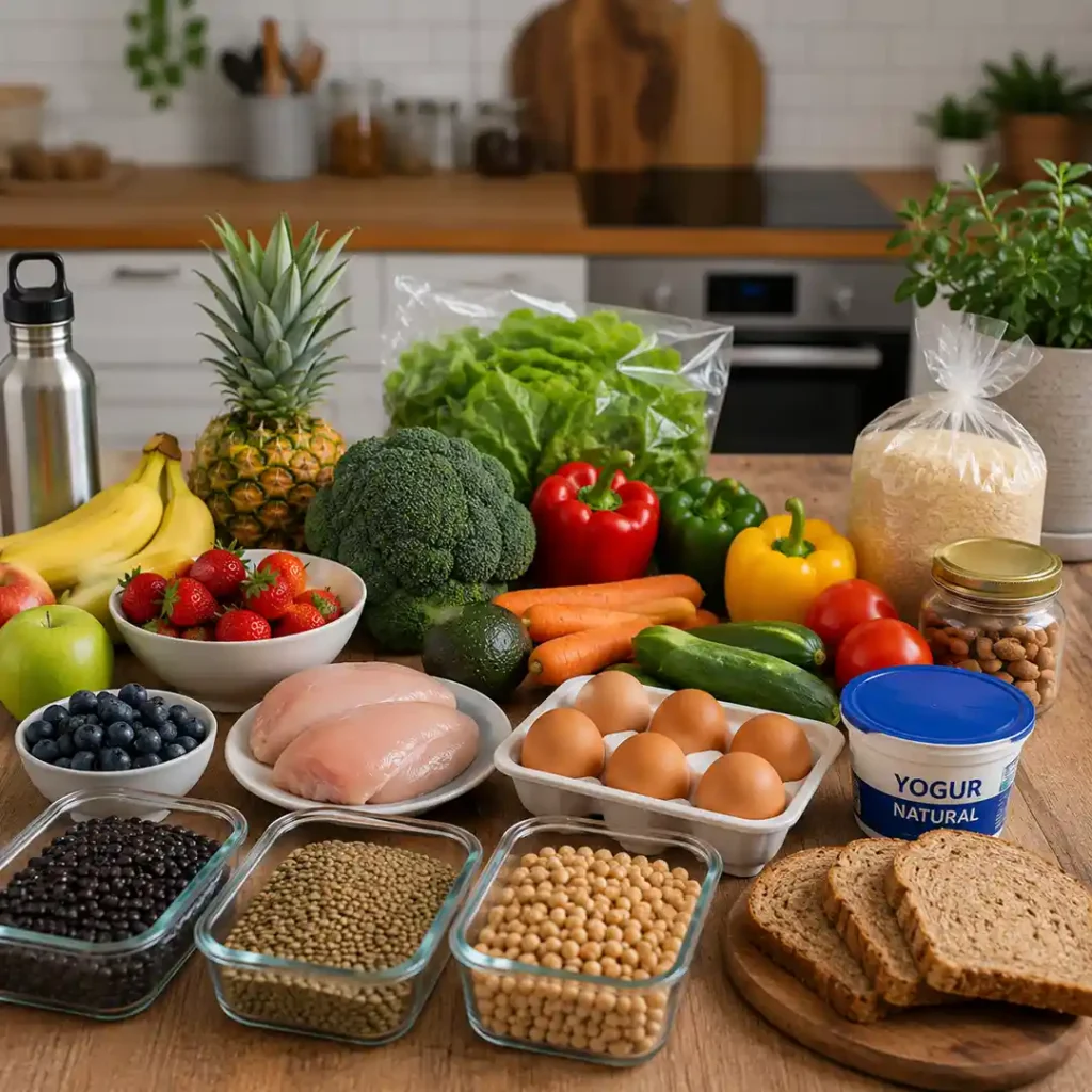 Hábitos simples para comer sano en la vida real con comida real agua frutas verduras huevos y menestras