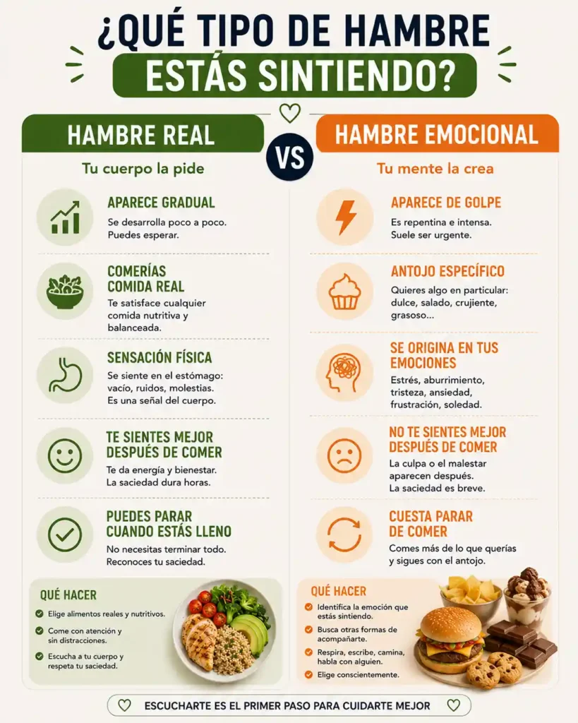 Diferencia entre hambre real y hambre emocional al comer sano sin hacer dieta