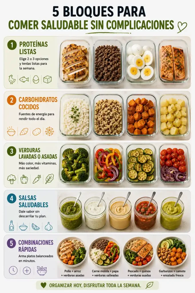 Menú saludable semanal por bloques con proteínas carbohidratos verduras y salsas