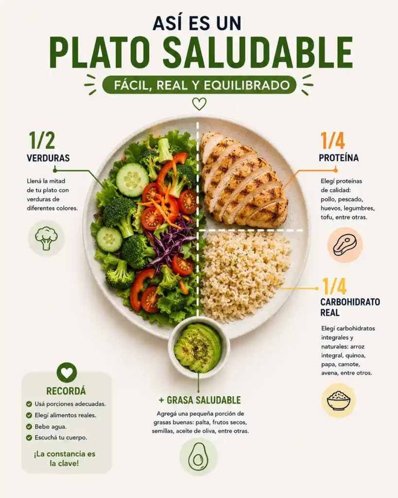 Método del plato para comer sano sin dieta con verduras proteína carbohidratos reales y grasas saludables