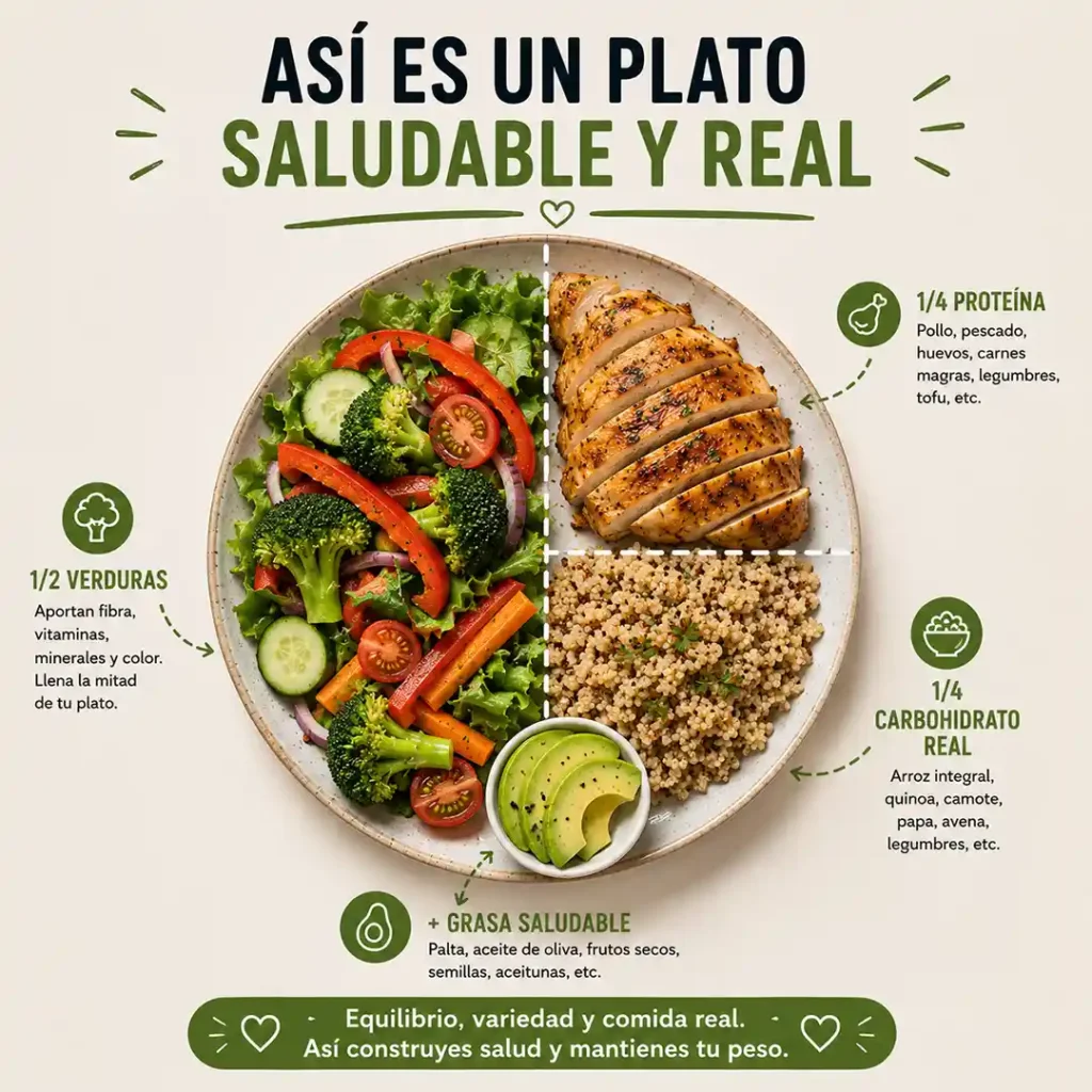 Método del plato para armar almuerzos saludables con verduras proteína carbohidratos y grasas saludables