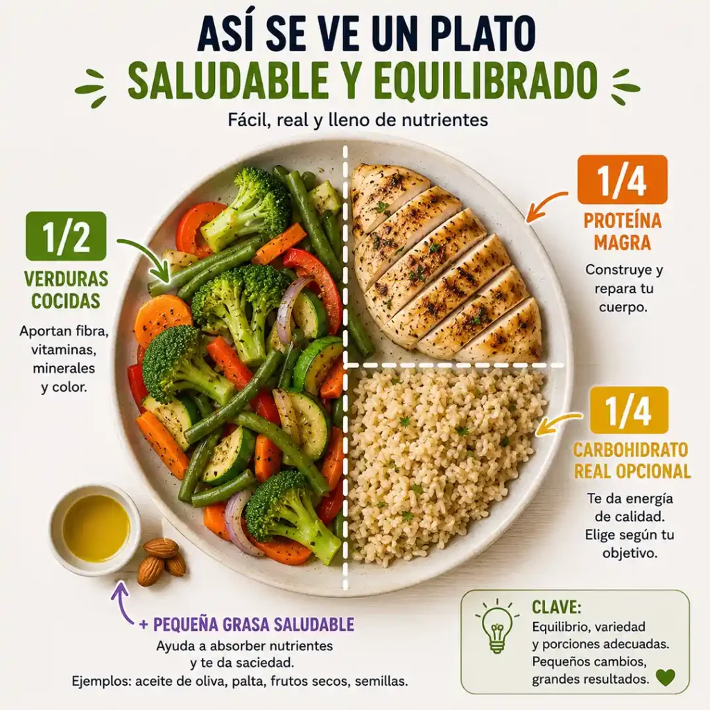 Método del plato para armar cenas saludables con verduras proteína carbohidratos y grasas saludables