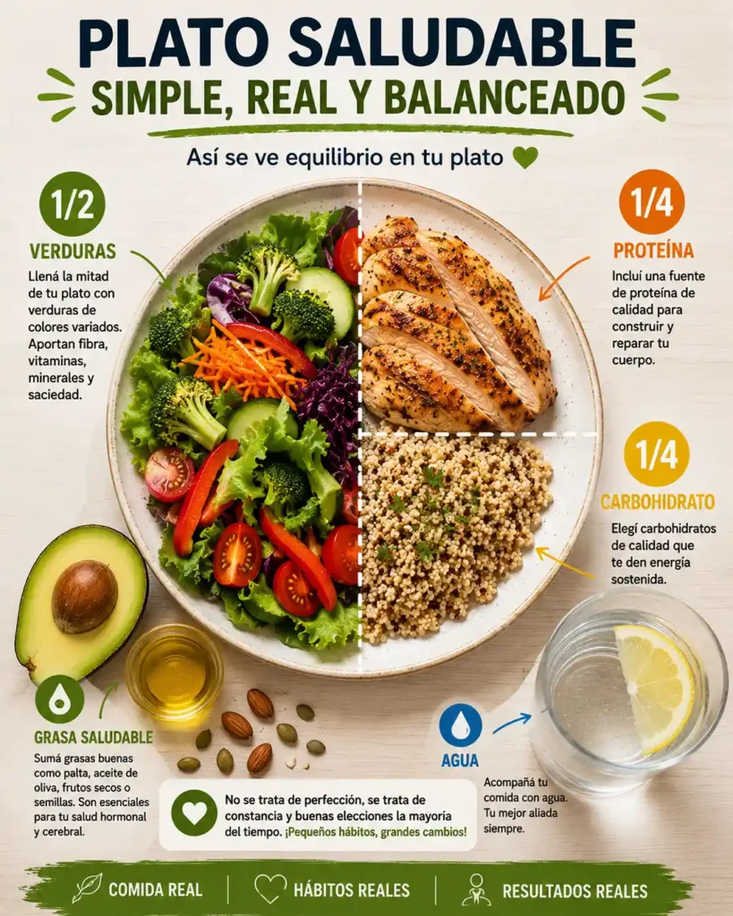 Método del plato para armar una comida saludable con verduras proteína carbohidratos y grasas saludables