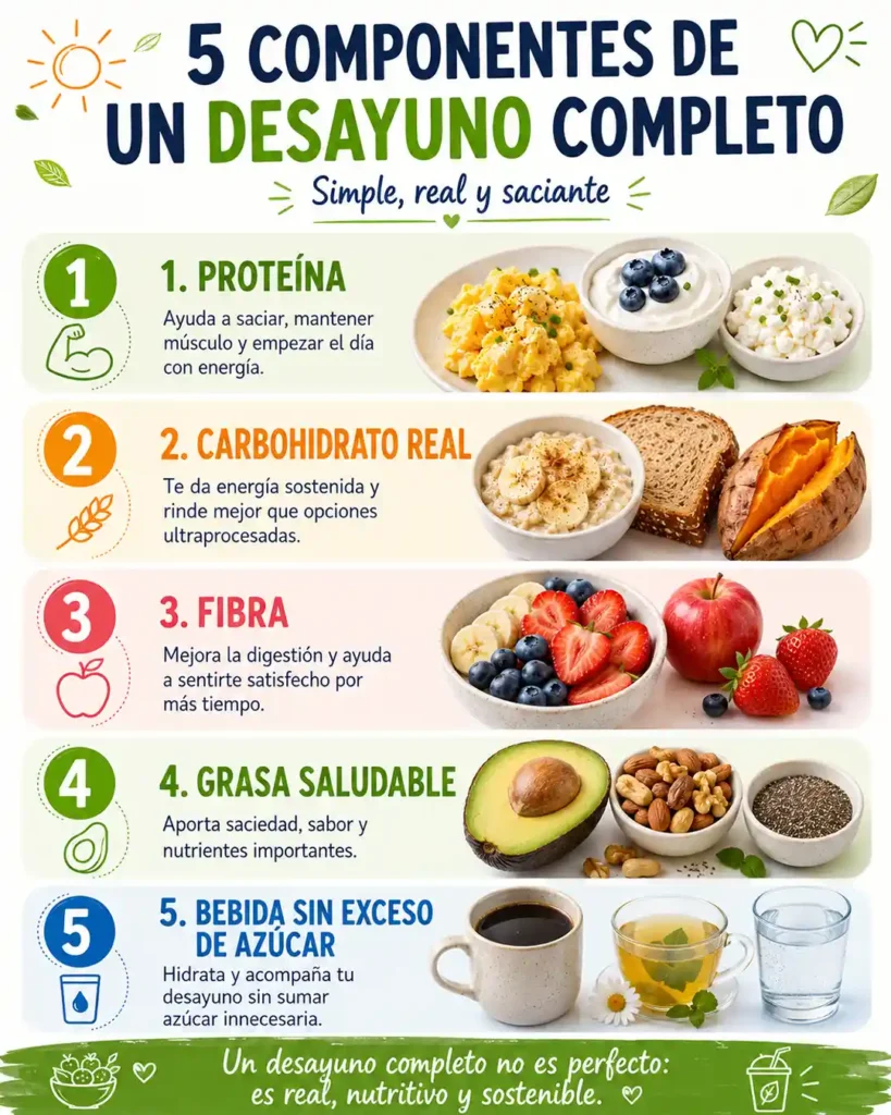 Qué debe tener un desayuno saludable con proteína carbohidratos reales fibra grasas saludables y bebida sin azúcar