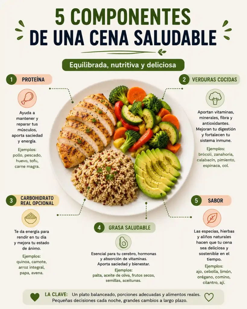 Qué debe tener una cena saludable con proteína verduras carbohidratos reales grasas saludables y sabor