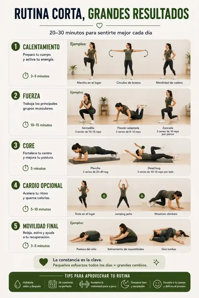 Rutina de ejercicios en casa para principiantes con calentamiento fuerza core cardio opcional y movilidad