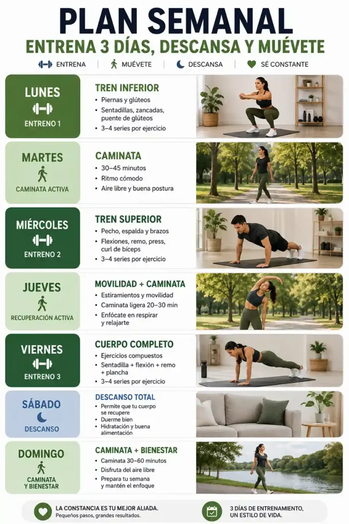 Rutina de ejercicios en casa de 3 días por semana con fuerza descanso caminata y movilidad