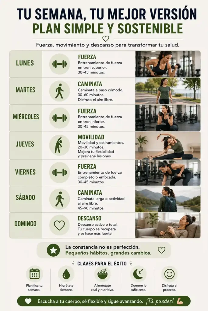 Rutina semanal de ejercicio físico para principiantes con fuerza caminatas movilidad y descanso