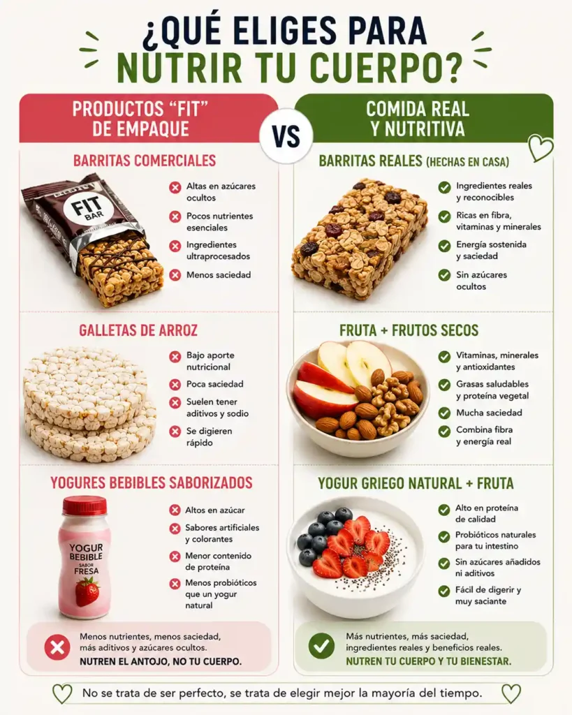 Snacks fit que parecen saludables como barritas galletas de arroz y yogures saborizados
