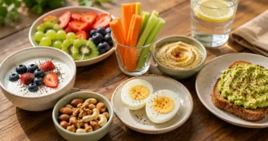 Snacks saludables con fruta frutos secos yogur griego huevos y comida real