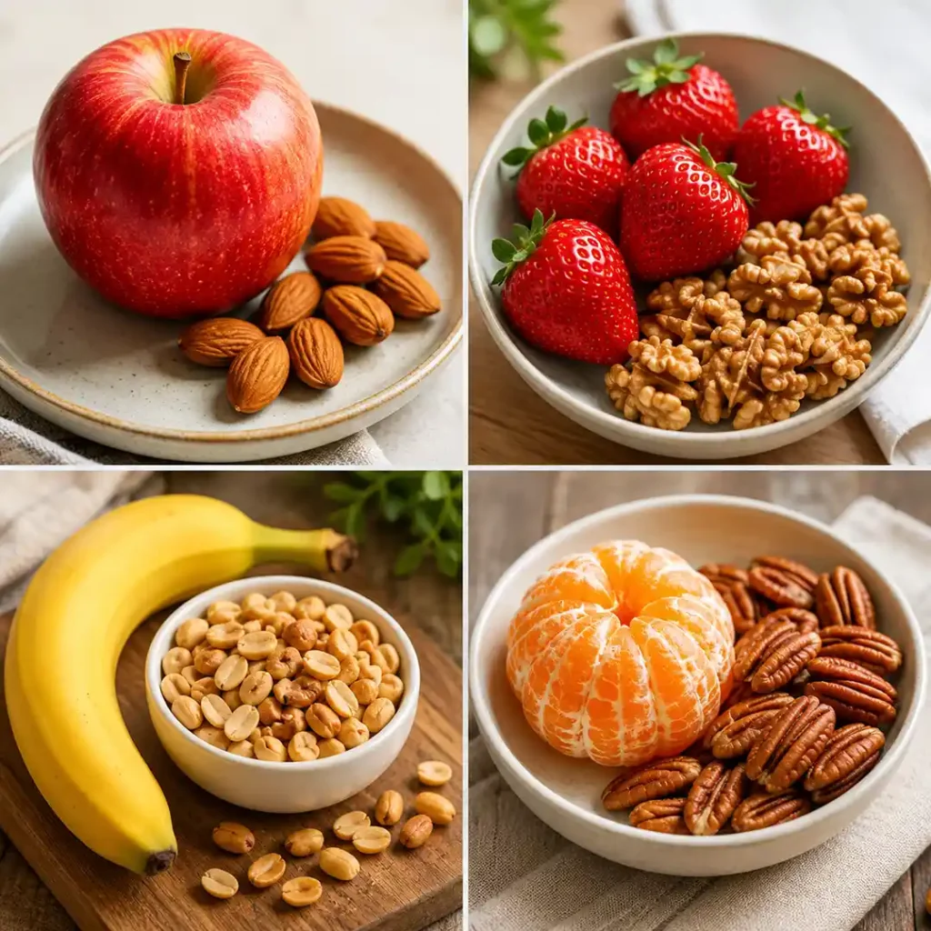 Snacks saludables con fruta entera frutos secos almendras nueces maní y pecanas