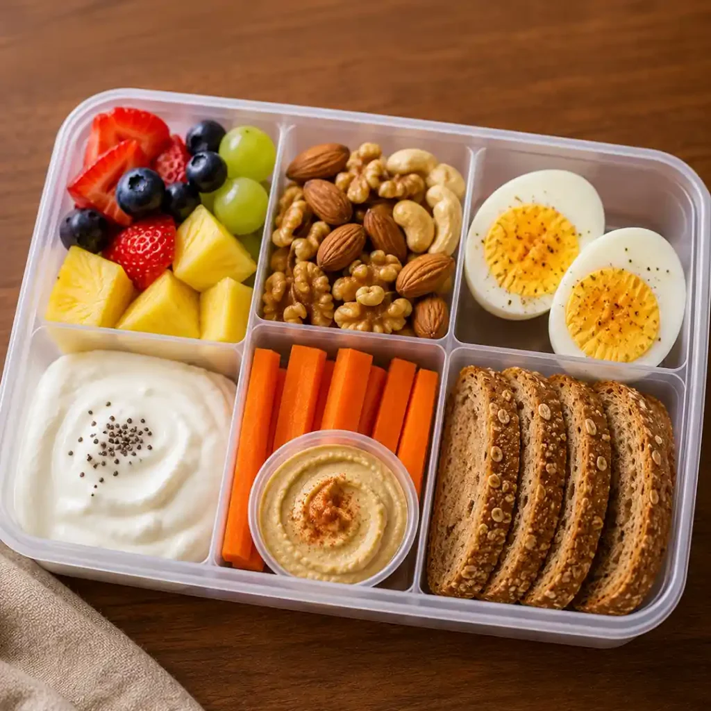 Snacks saludables para llevar al trabajo con fruta huevos frutos secos yogur y hummus