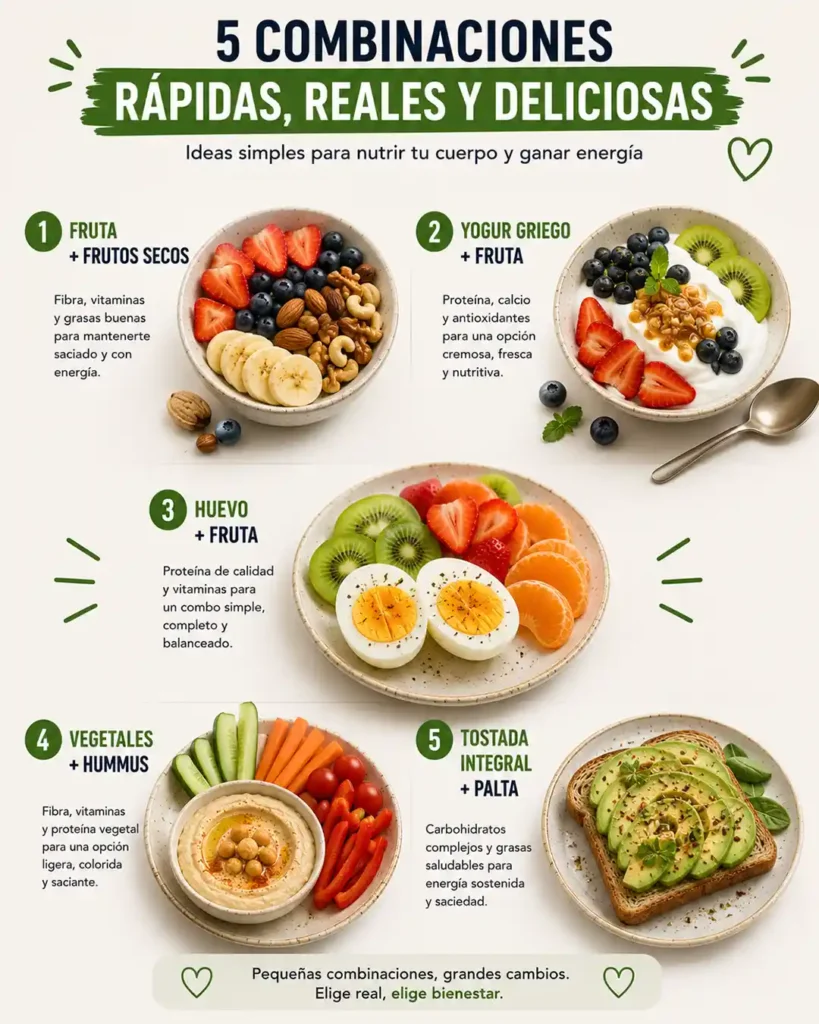 Snacks saludables que sacian con fruta frutos secos yogur griego huevos hummus y palta