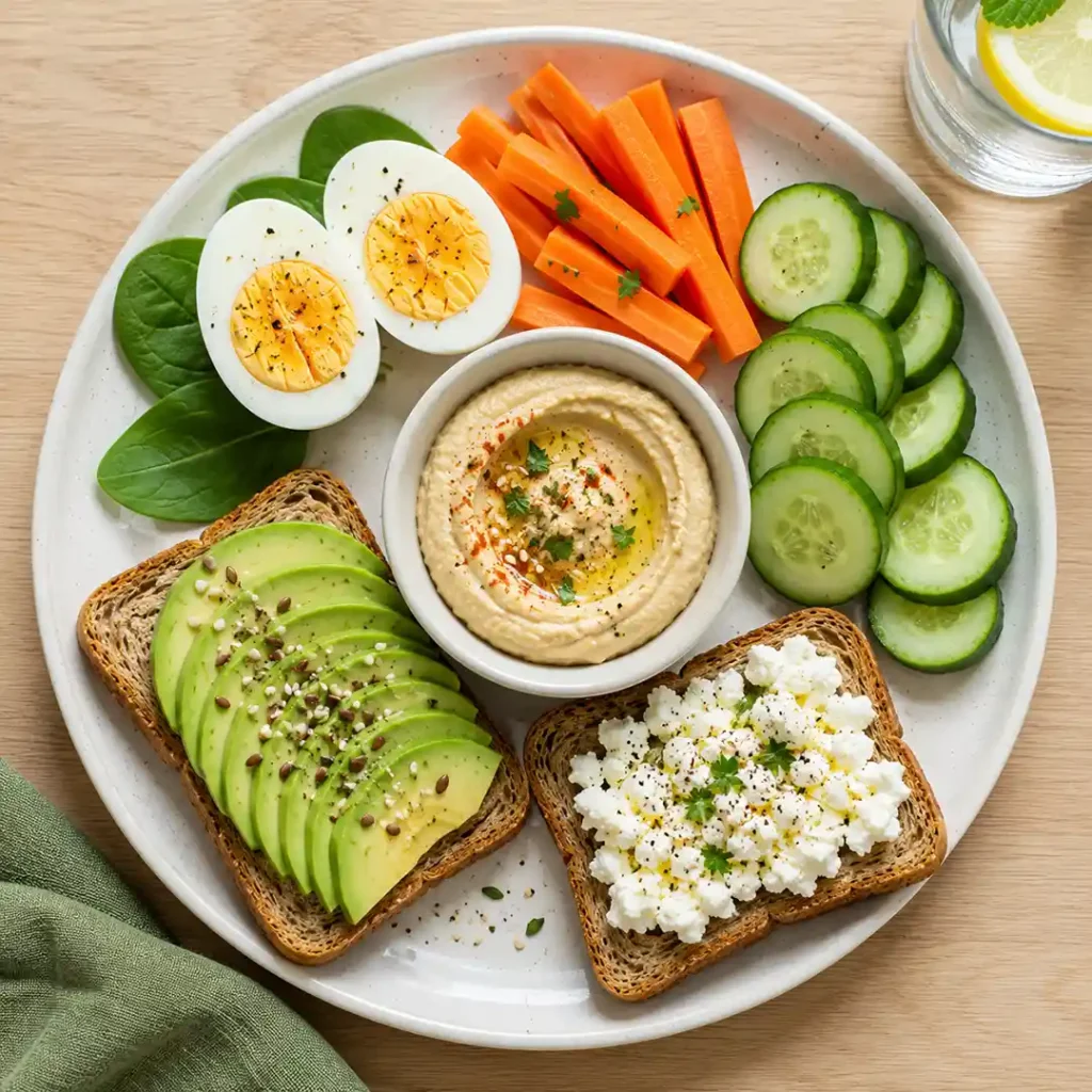 Snacks saludables salados con huevos sancochados hummus vegetales palta y queso fresco