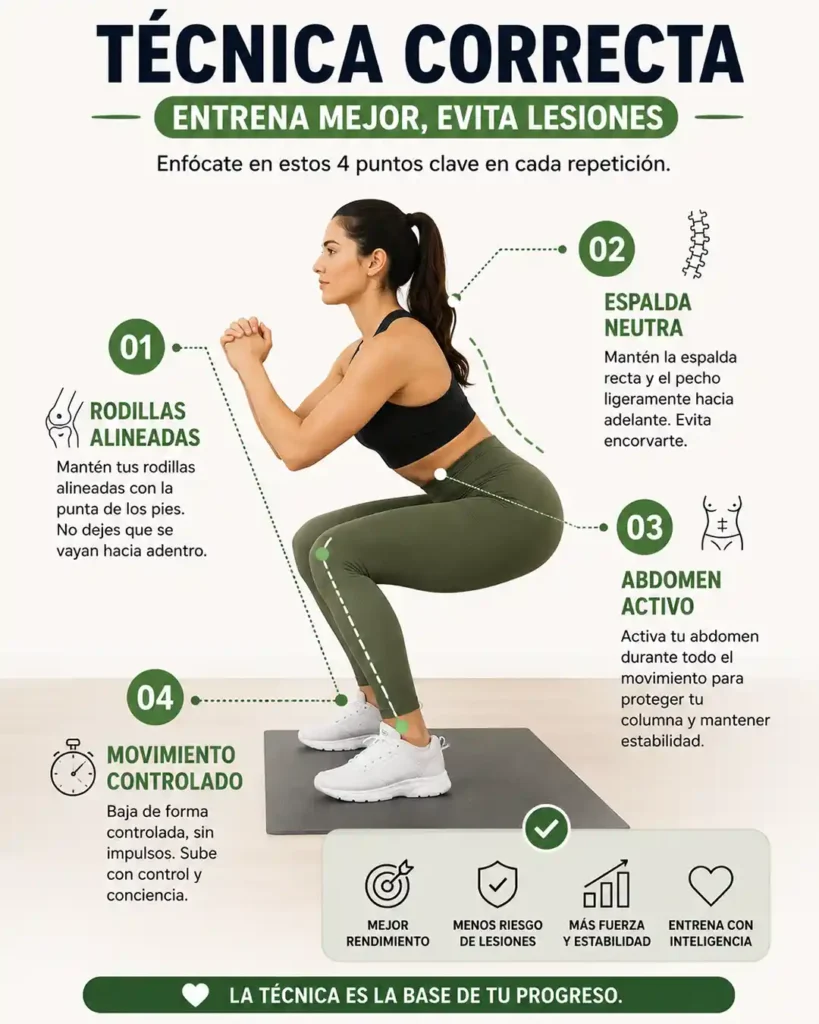 Técnica y seguridad al entrenar en casa cuidando rodillas espalda hombros y postura