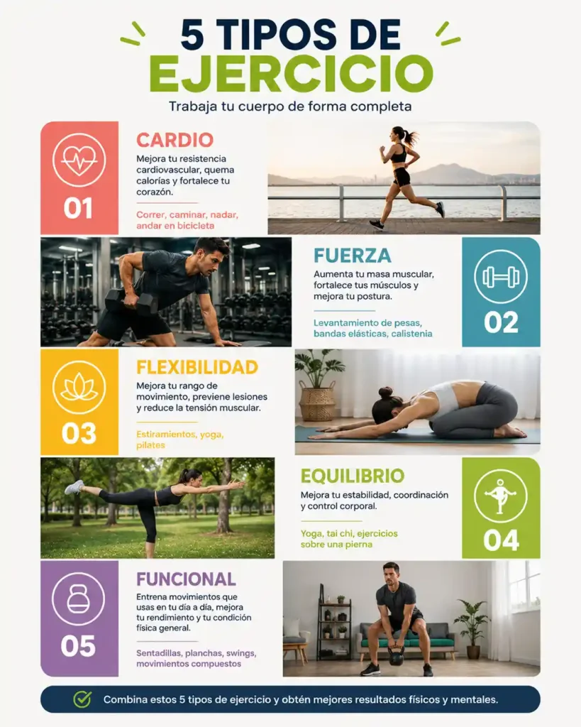 Tipos de ejercicio físico como cardio fuerza flexibilidad equilibrio y entrenamiento funcional